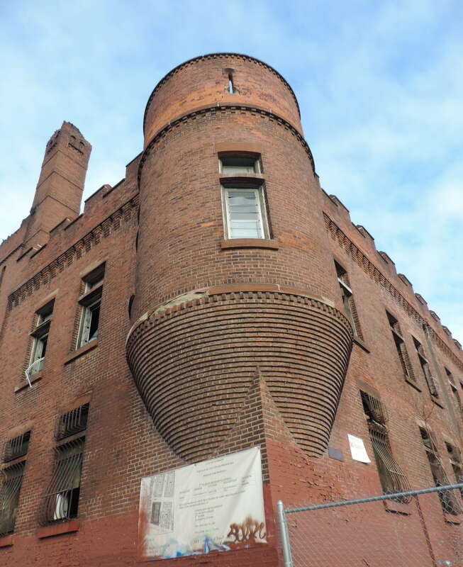 Looking northeast from Market Street at corner turret