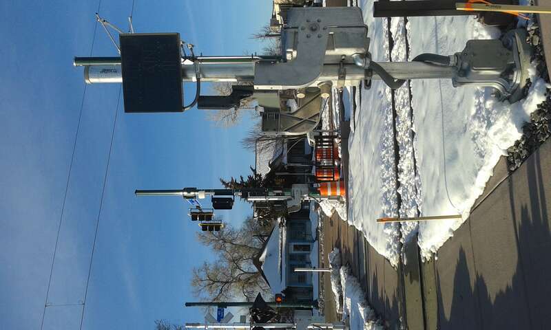 Pedestrian crossing of G Line on the west side of Vance Street in Arvada, Colorado.