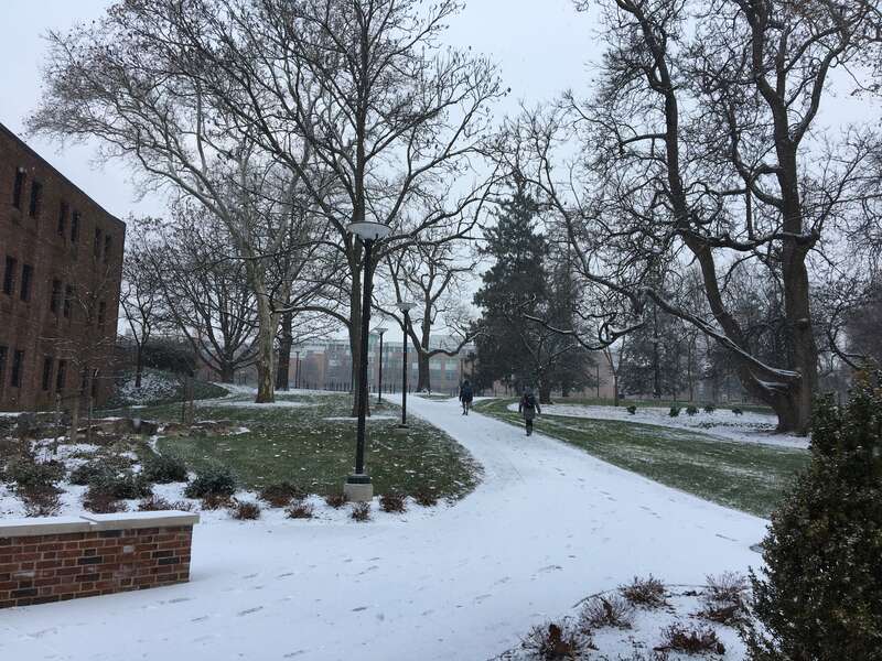 Penn State campus, facing the HUB (Hetzel Union Building), near the nursing building