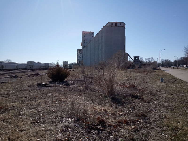 View from the northwest corner of the Pillsbury Mills factory site, including adjacent railyard, in eastern Springfield Illinois.