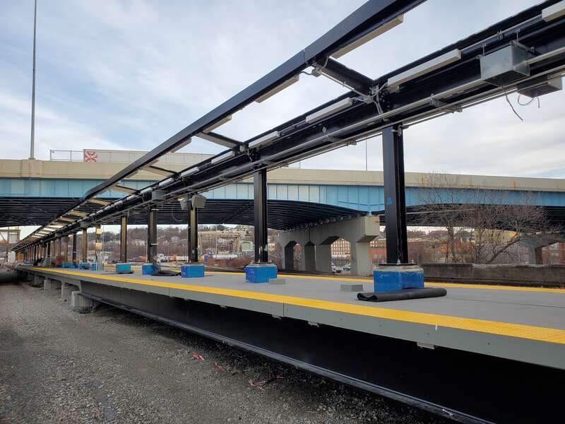The new island platform at Worcester Union Station under construction in December 2023