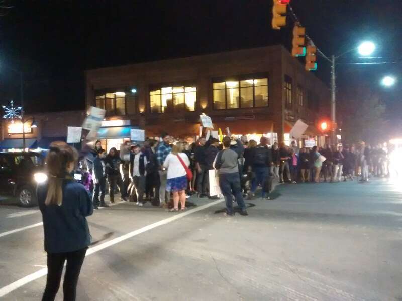 A protest against Donald Trump in Chapel Hill, North Carolina on November 18, 2016. Protesters are blocking Franklin Street at the intersection of Franklin and Columbia.