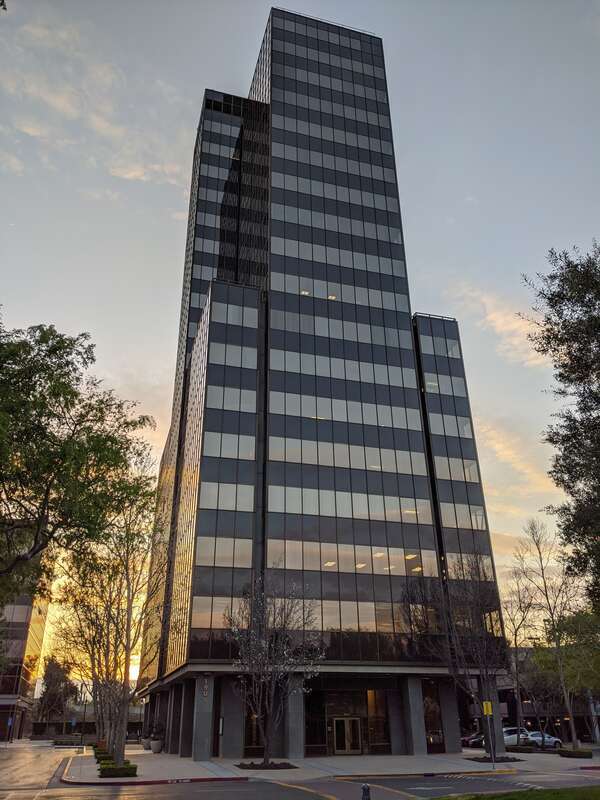 The Pruneyard Tower in Campbell, California, at dusk.