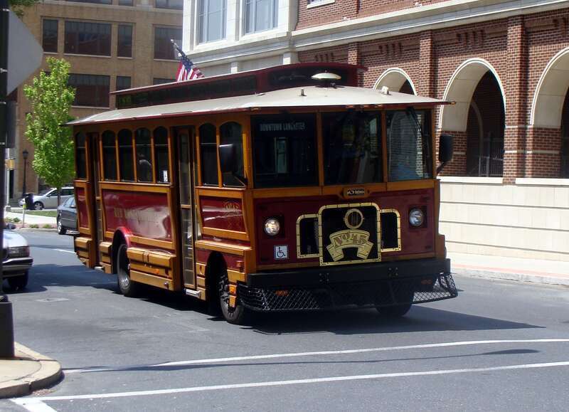 An Optima  Trolley owned by Red Rose Transit Authority in downtown Lancaster, Pennsylvania.