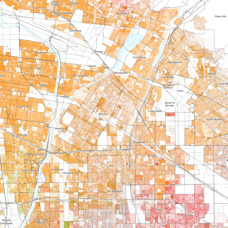 Map of the distribution of races and ethnicities in US cities, inspired by similar maps created by Dustin Cable and others.
Blue is White, Green is Black, Red is Asian, Orange is Hispanic, Purple is Multiracial, and Brown is Native American/Other.