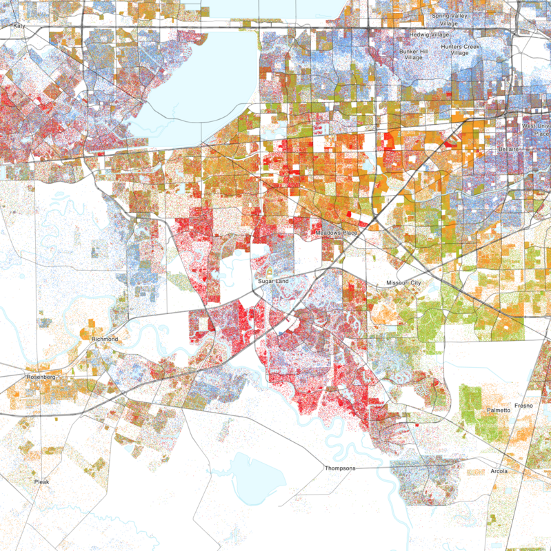 Map of the distribution of races and ethnicities in US cities, inspired by similar maps created by Dustin Cable and others.
Blue is White, Green is Black, Red is Asian, Orange is Hispanic, Purple is Multiracial, and Brown is Native American/Other.