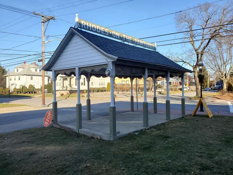 The gazebo at Rhodes-on-the-Pawtuxet, formerly the streetcar waiting room, seen in December 2023