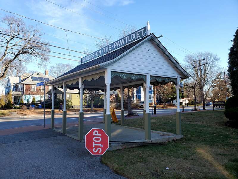 The gazebo at Rhodes-on-the-Pawtuxet, formerly the streetcar waiting room, seen in December 2023