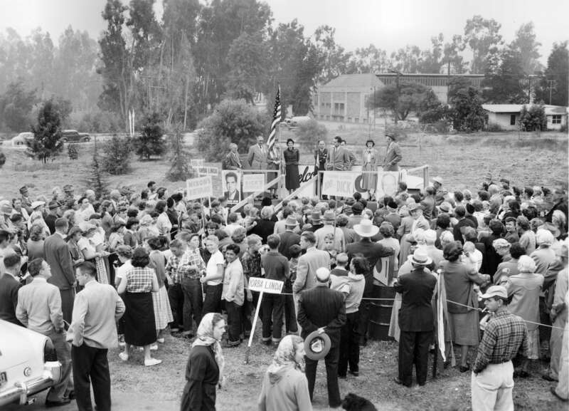 Photo taken at a campaign rally in Richard Nixon's hometown of Yorba Linda California, during his sucessful 1952 campaign as the vice presidential candidate for Dwight D. Eisenhower. This photo was taken in Fall 1952.
There are no known copyright