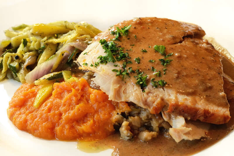 Thanksgiving at Veranda on Highland in Birmingham, Alabama
Roasted American Turkey with French bread dressing, bourbon whipped sweet potatoes, grilled autumn vegetables and giblet gravy