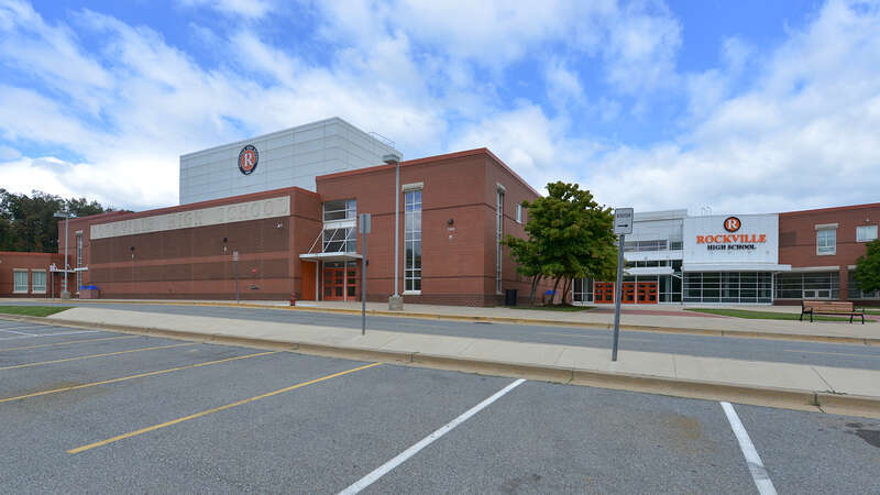 The front of the Rockville High School building, part of the Montgomery County Public Schools system. 2100 Baltimore Road, Rockville, Maryland 20851.