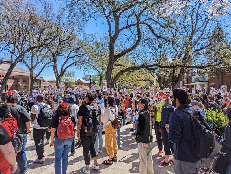 Rutgers University faculty unions strike on Voorhees Mall in New Brunswick, New Jersey
