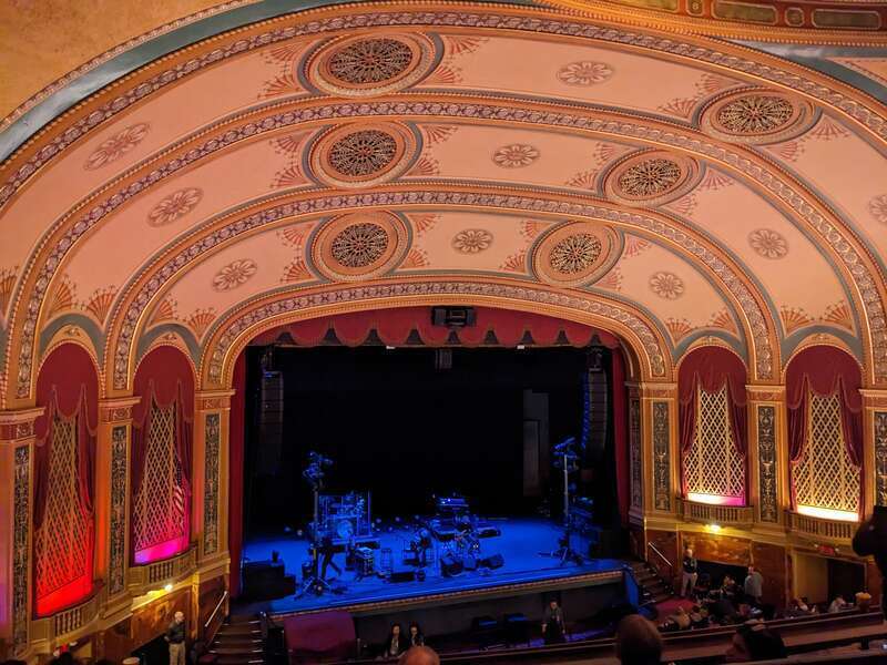 Interior view of the auditorium of the Temple Theatre in Saginaw, Michigan. Photo taken from the left side of the balcony, before showtime for a Weird Al concert in 2023.