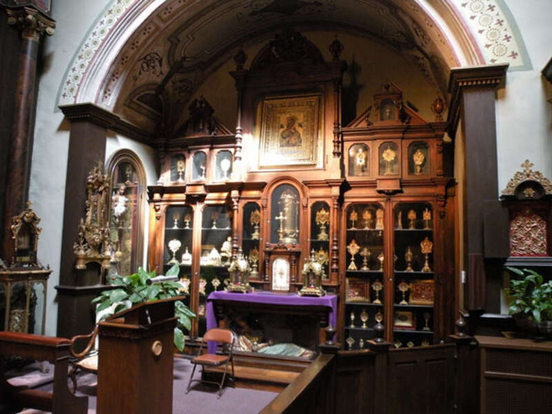 The left side of the altar in Saint Anthony's Chapel (Shrine of Saint Anthony of Padua) located at 1700 Harpster Street in the Troy Hill neighborhood of Pittsburgh, Pennsylvania.  The chapel was built from 1880 to 1892, and is on the List of