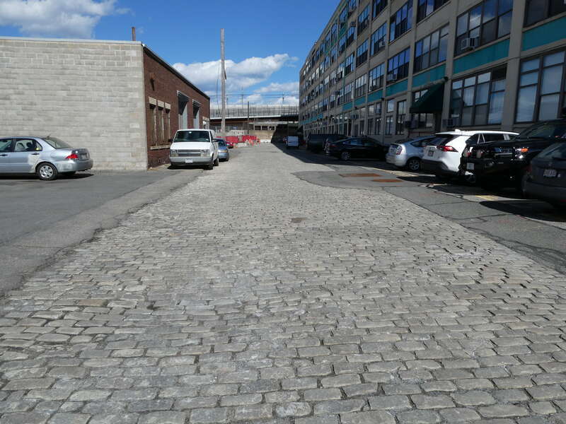 Sett paving on Fitchburg Street in March 2022