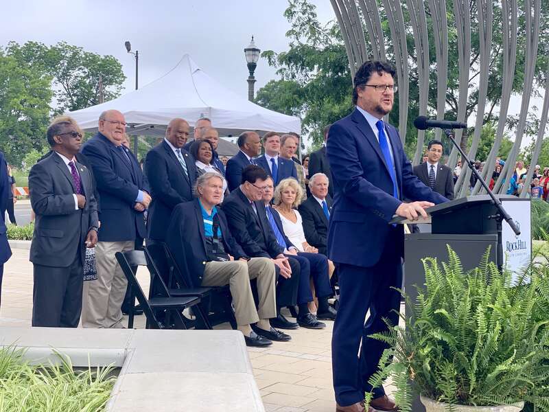 Rep. Simrill speaking at a bill signing for the Carolina Panthers in Rock Hill, SC.