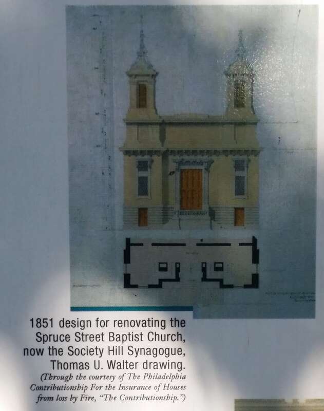Sidewalk history board outside of Society Hill Synagogue displaying 1851 drawing of Spruce Street Baptist Church by architect Thomas U. Walter, 418 Spruce Street, Philadelphia, Pennsylvania. Photo by Morris Levin.