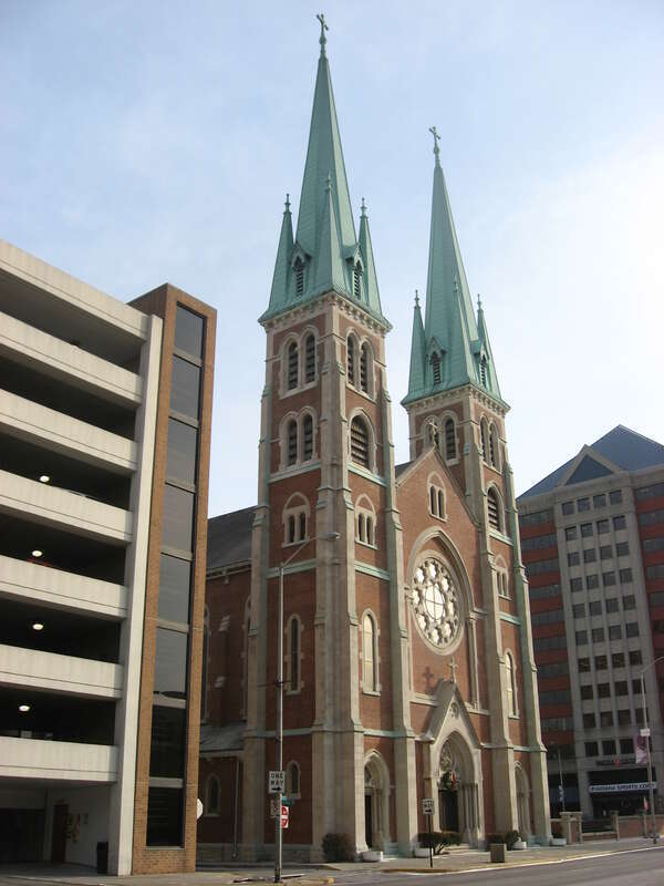 Front of St. John's Church, located at 121 S. Capitol Avenue in downtown Indianapolis, Indiana, United States.  The oldest Catholic parish in Indianapolis, its building was built in in 1867; it is listed on the National Register of Historic Places,
