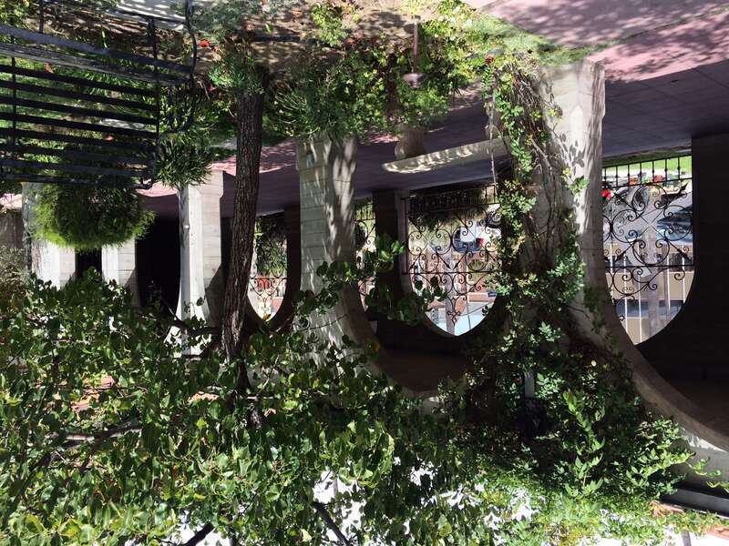 A view of the cloister of St. Mark's Episcopal Church from the courtyard.