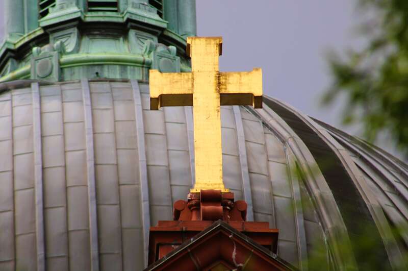 The apex cross on the main facade of the Cathedral of St. Matthew the Apostle in Washington, D.C.