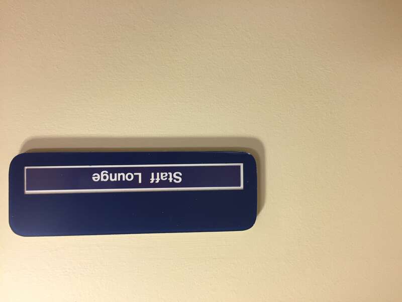 This staff lounge sign is displayed in a Southern, New Hampshire hospital.