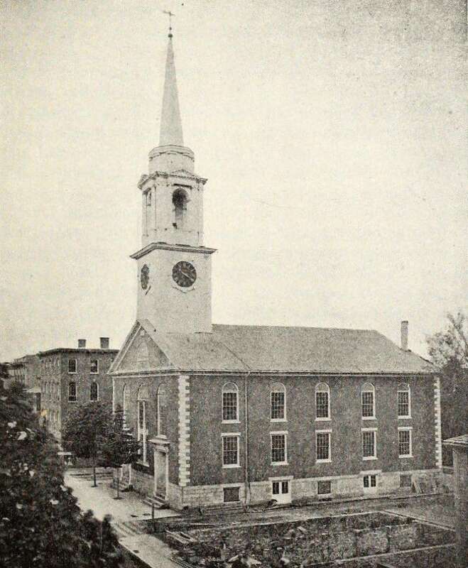 Caption: From a photograph taken in 1866. This edifice formerly occupied 
the lot at the corner of Westminster and Union Streets, now occupied 

by the &quot;Boston Store.&quot; It was demolished in 1872.