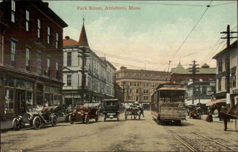 Divided back postcard of an Interstate Consolidated Street Railway streetcar on Park Street in Attleboro, Massachusetts. The car is signed &quot;Main Street&quot; - presumably the route to Pawtucket via South Main Street.