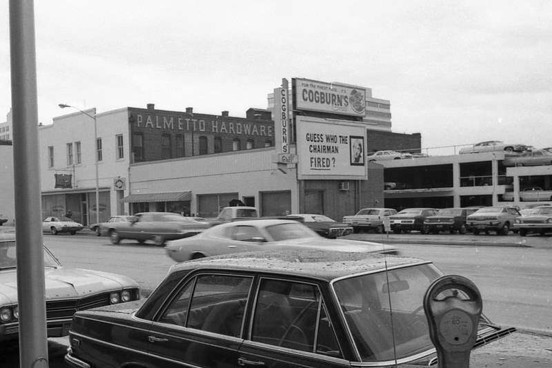 View of the former Cogburns grill and Palmetto Hardware on Sumter street in Columbia SC, ca. 1975.