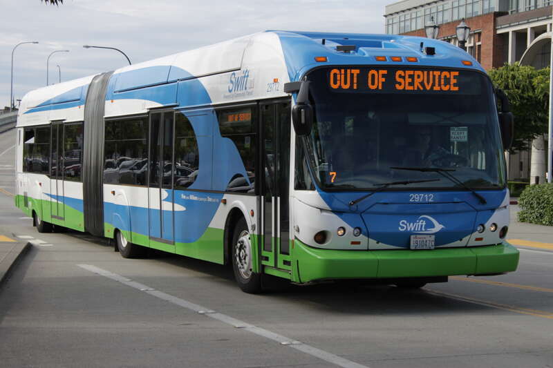 A deadheading articulated bus on Community Transit's Swift BRT line, headed towards the northern terminus at Everett Station.