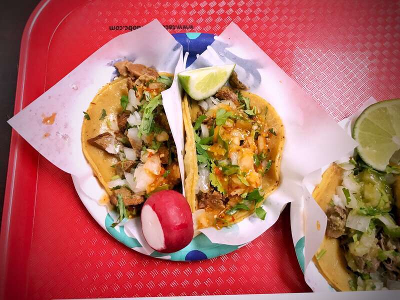 Pig stomach taco and Suadero taco at Tacos El Gordo in Chula Vista, California