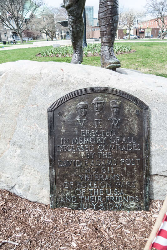 World War I &quot;Doughboy&quot; Statue Memorial on the south side of the Taunton Green. Massachusetts. &quot;Erected in memory of all deceased comrades by the David F. Adams Post No. 611 Veterans of foreign Wars of the U.S.A. and their friends July 5, 1937&quot;