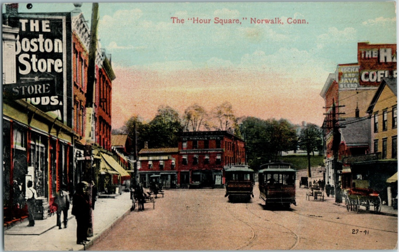 Divided back postcard of the &quot;Hour Square&quot; in Norwalk, so-called for the Norwalk Hour building at center, postmarked in 1912