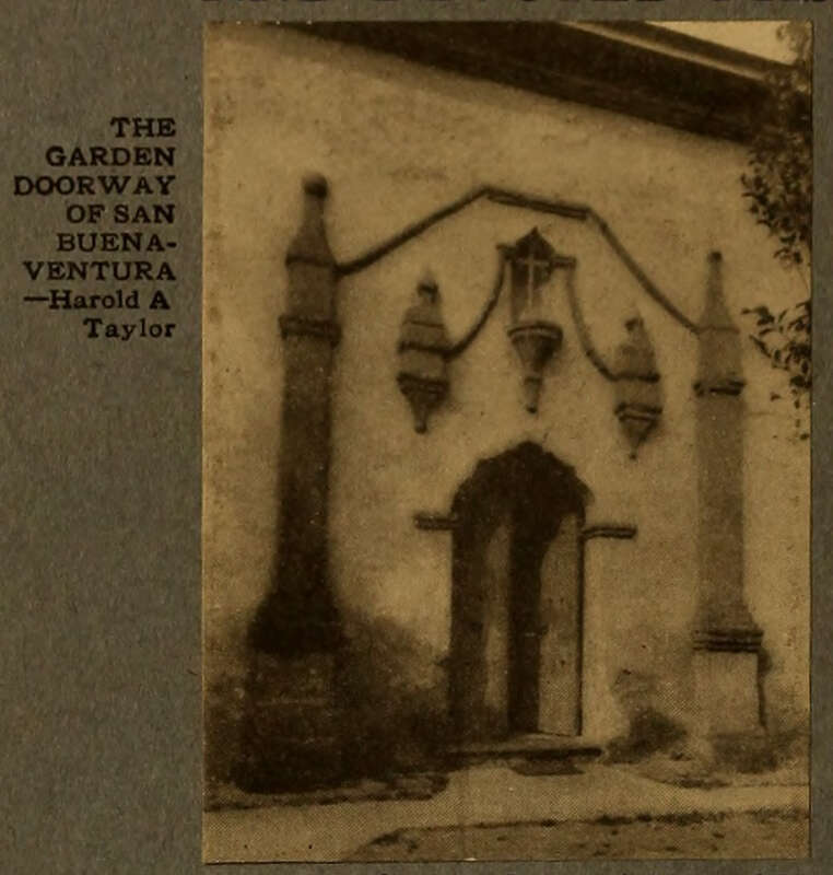 Black and white image of a doorway from a catholic mission in California.