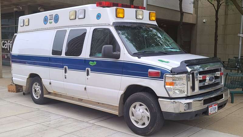 Retired ambulance, Now used for a food service and public relations, Seen in Downtown Akron Ohio