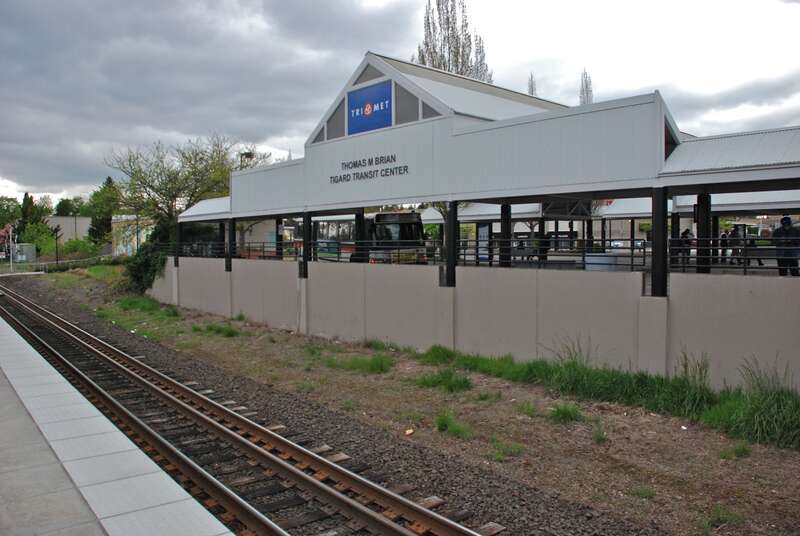 Looking towards the bus portion of TriMet's Tigard Transit Center, which opened in 1988, from the platform of the adjacent WES commuter-rail station, which opened in 2009.