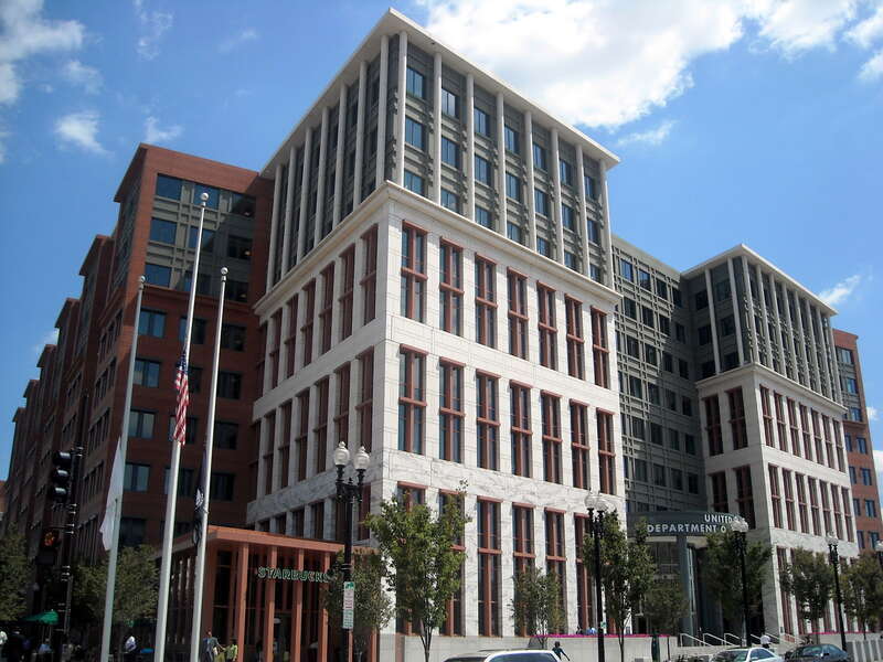The entrance to the United States Department of Transportation headquarters (as viewed from the intersection of M Street and New Jersey Avenue, S.E.), located at 1200 New Jersey Avenue, S.E., in the Navy Yard neighborhood of Washington, D.C.