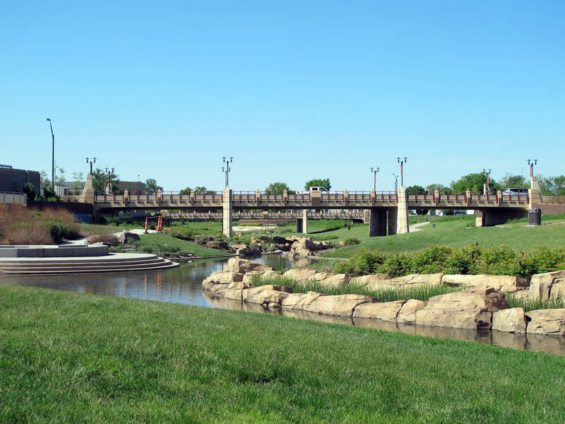 Photo of Union Plaza; as seen from near the &quot;O&quot; Street bridge, along Antelope Creek, in Lincoln, Nebraska.  Photo is looking north towards the &quot;P&quot; and &quot;Q&quot; Street bridges.