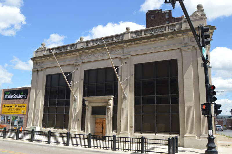 Front of the Union Trust Bank Company Building, located at 200 Collinsville Avenue (historically the city's business district) in East St. Louis, Illinois, United States.  Built in 1926, it is listed on the National Register of Historic Places.  Note