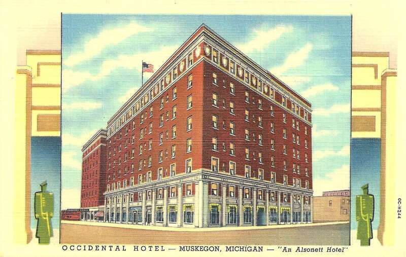 Muskegon's Occidental Hotel started in the late 19th century as a wood-frame building on Western Avenue. It was a fixture in downtown until 1975 when the 330-room 8-story hotel was imploded to make way for a parking lot for the new Muskegon Mall.