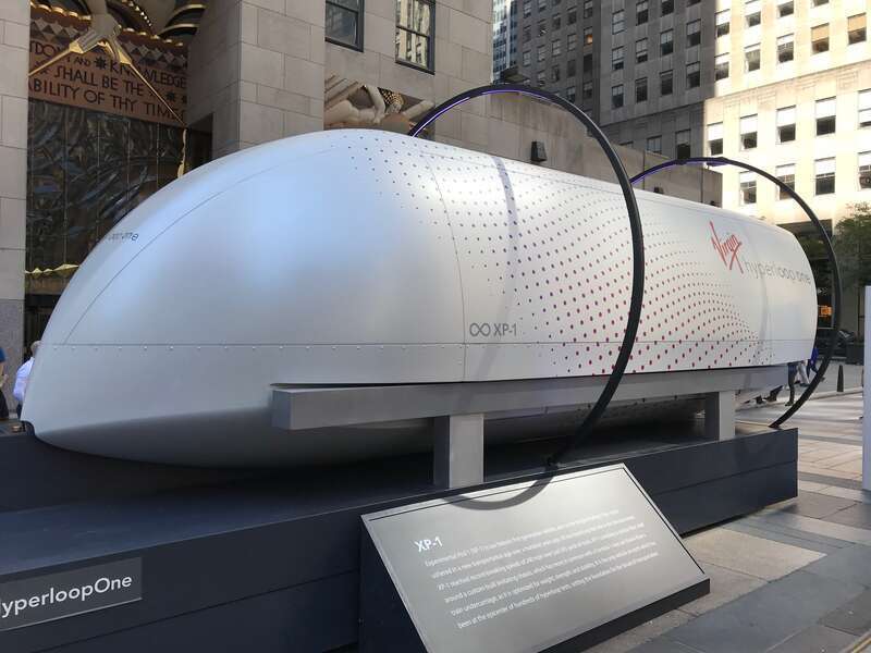 Front view of Virgin Hyperloop One XP-1 test pod on display at Rockefeller Center on September 27, 2019