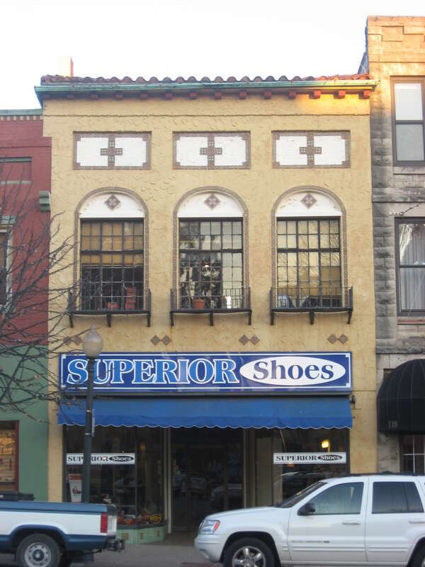 Front of Superior Shoes, located at 120 N. Walnut Street in downtown Bloomington, Indiana, United States.  Built in 1928, it is part of the Courthouse Square Historic District, a historic district that is listed on the National Register of Historic