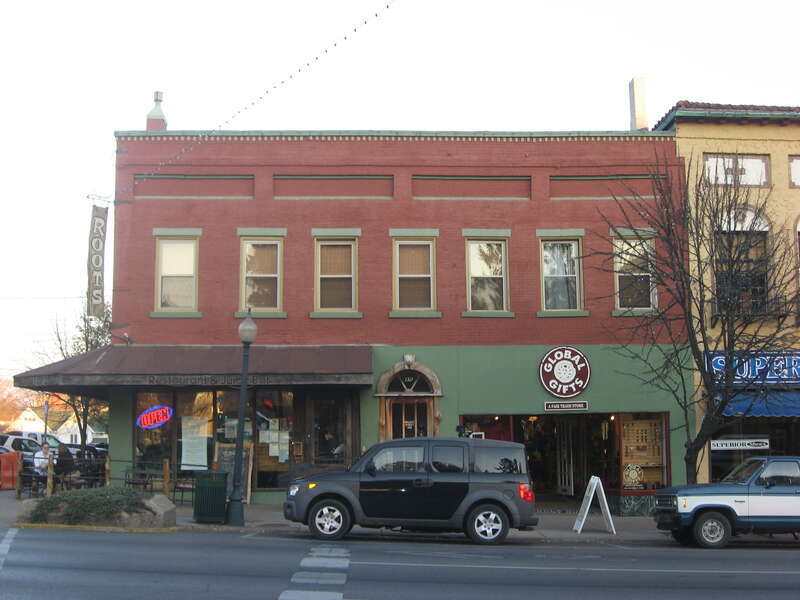 Front of the Old Faulkner Hotel, located at 124 N. Walnut Street in downtown Bloomington, Indiana, United States.  Built in 1847, it is part of the Courthouse Square Historic District, a historic district that is listed on the National Register of