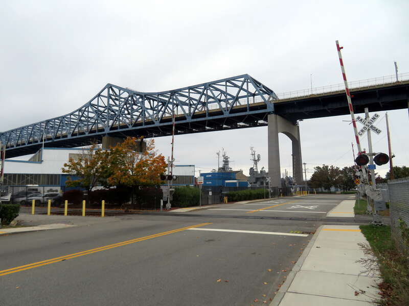 Tracks crossing Water Street at Fall River State Pier, seen in October 2020