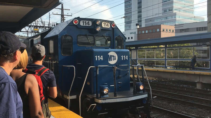 A Waterbury Branch train at Bridgeport station in July 2018