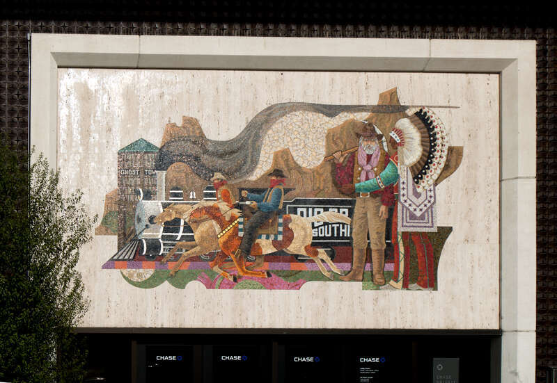 Western Theme Mosaic on Chase Bank, 7964 Beach Blvd, Buena Park, California. Robbers, locomotive, Indian, miner, Ghost Town, Big Southern