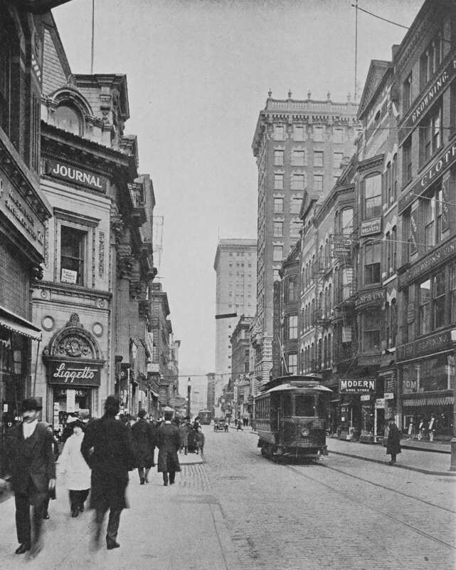 Westminster Street, Providence
View down Westminster Street taken in 1913 or 1914. The 1906 Providence Journal Building is visible in the left middle ground, while the Union Trust Company Building (1901) and Turk's Head Building (1913) are visible to