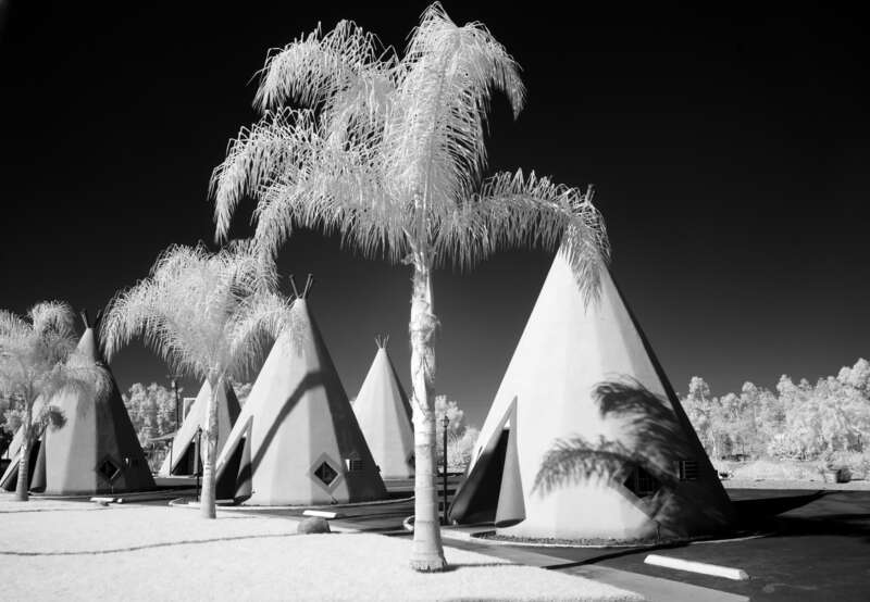 Infrared view of the Wigwam Motel on Route 66 in Rialto, California.