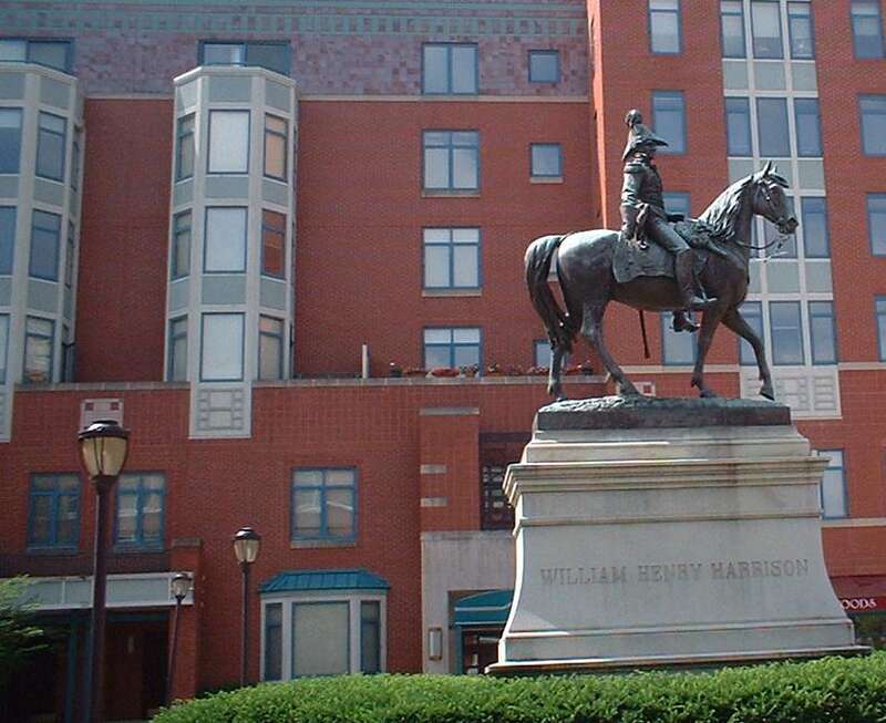 This equestrian statue of the 9th President William Henry Harrison is in downtown Cincinnati.  He was a war hero from the War of 1812 as the military leader of the Battle of Tippecanoe. It is located at the corner of Elm St. and 8th Ave (And Garfield