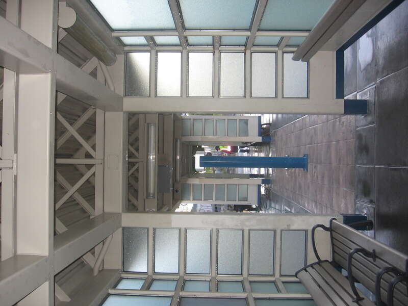 The Winchester Transit Center in Campbell, California, USA.  Interior of passenger waiting shelters.