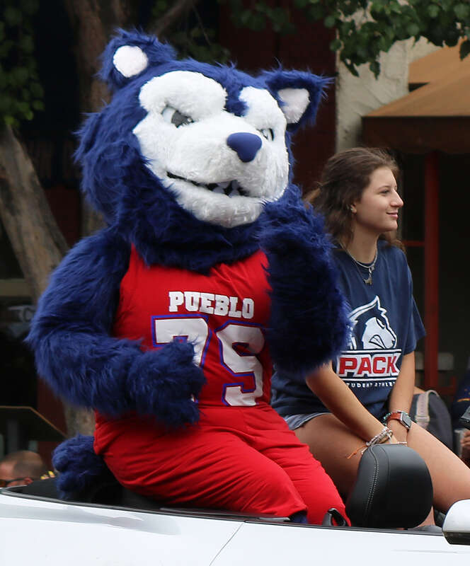 Wolfie, the Colorado State University Pueblo ThunderWolves mascot, shown here in the 2023 Colorado State Fair parade in Pueblo.